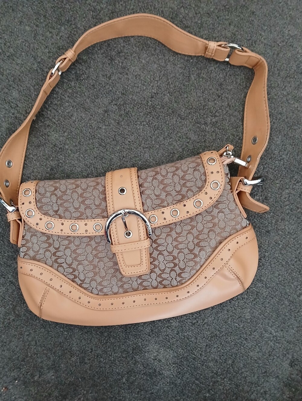Coach Brown Signature Canvas Shoulder Bag with Tan Leather Trim